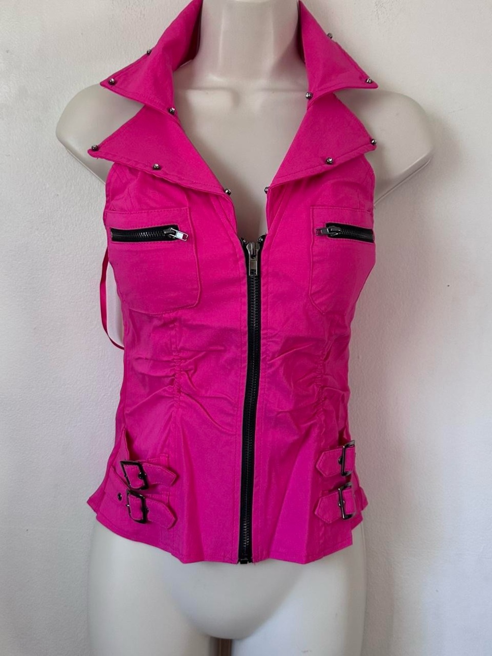 Hot Pink Stud-Trim Sleeveless Zip Front Jacket - Picture 2 of 7